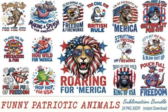 Funny Patriotic Animals Sublimation PNG Bundles
