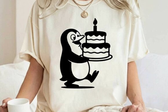 Funny Penguin with Birthday Cake SVG PNG for Crafting & Illustrations