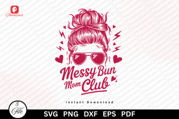 Funny Retro Pink Messy Bun Mom Club PNG for Graphics and Illustrations